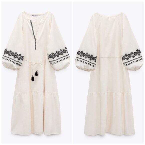 Zara Embroidered Cotton Dress Balloon Sleeves - Picture 1 of 8